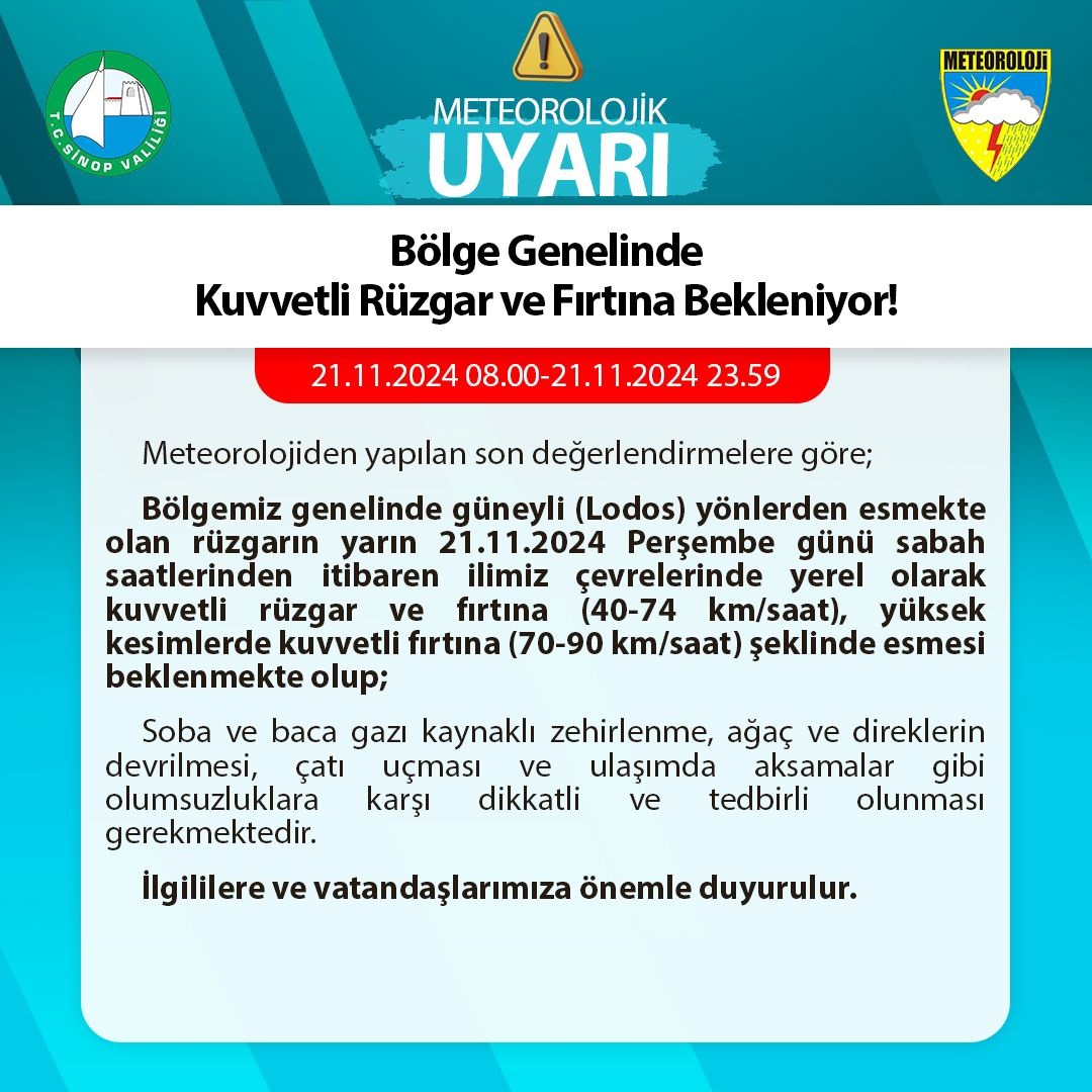 METEOROLOJİK UYARI (KUVVETLİ RÜZGAR VE FIRTINA)