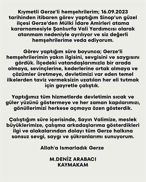  Kaymakamımız M. Deniz ARABACI’ nın Veda Mesajı